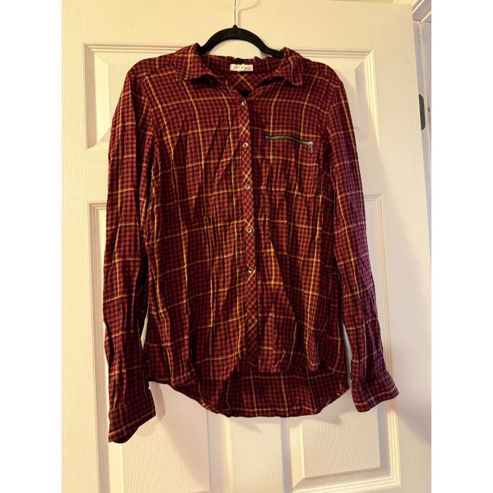 Maurices Button Down Womens L Red Plaid Zipper Pocket Rayon Cotton Flannel Style